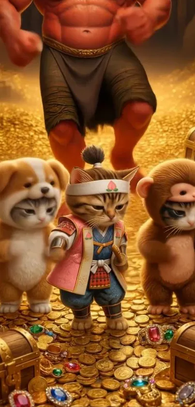 Three cats dressed in costumes stand on gold coins with a red figure behind.