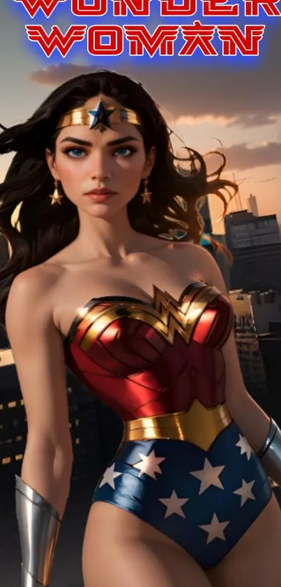 Female superhero stands against cityscape at sunset.