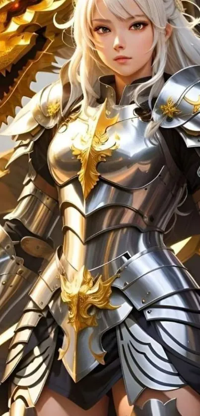 Fierce female knight in silver and gold armor with a dragon backdrop.