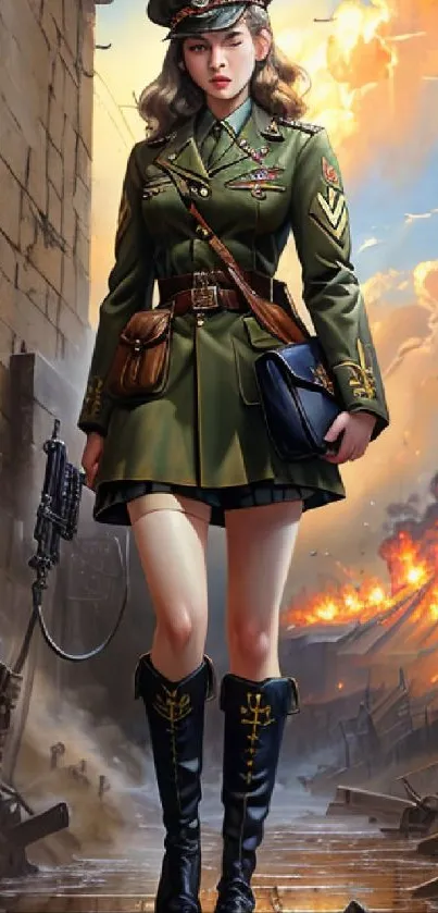 Epic female soldier standing in a dramatic, fiery battlefield scene.