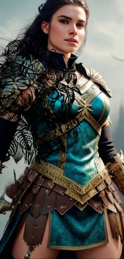 Epic female warrior in teal armor standing boldly in fantasy setting.