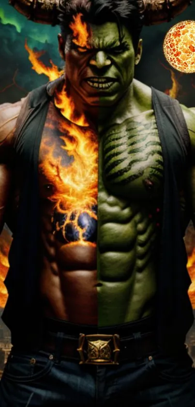 Fiery and green warrior split-image wallpaper for mobile screens.