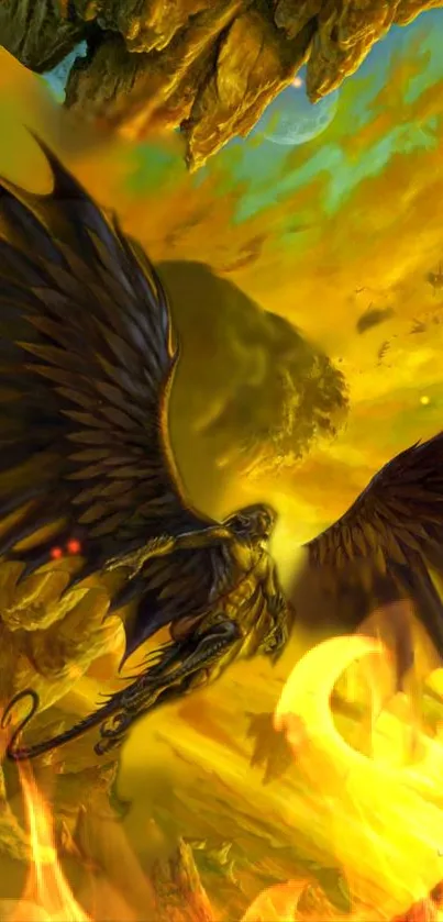 Epic angel wallpaper with fiery wings and golden flames in a fantasy setting.