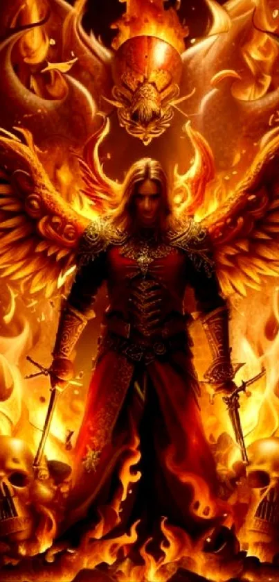 Fiery angel stands amidst fire and skulls with epic wings.