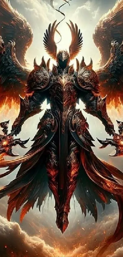 Epic fantasy warrior with fiery armor and wings in the clouds.