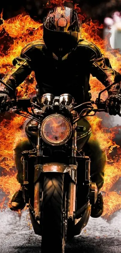 Intense biker on fiery motorcycle wallpaper.