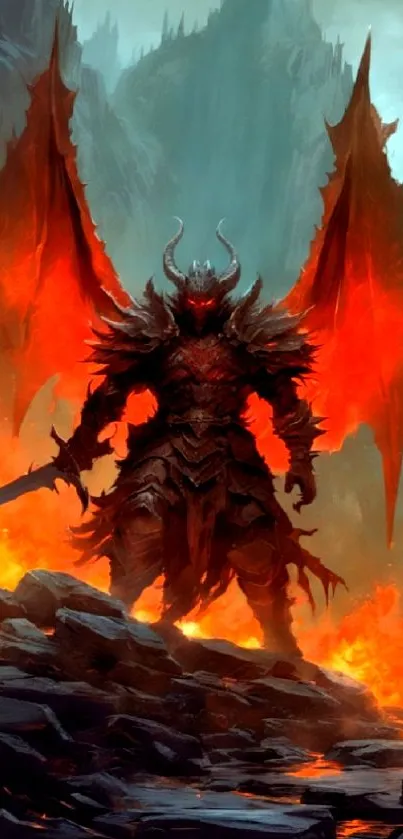 Fiery demon with wings standing amid flames on rocky terrain.