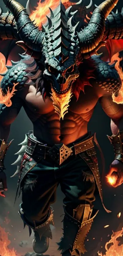 Epic demon with fiery horns and armor in dark fantasy art.