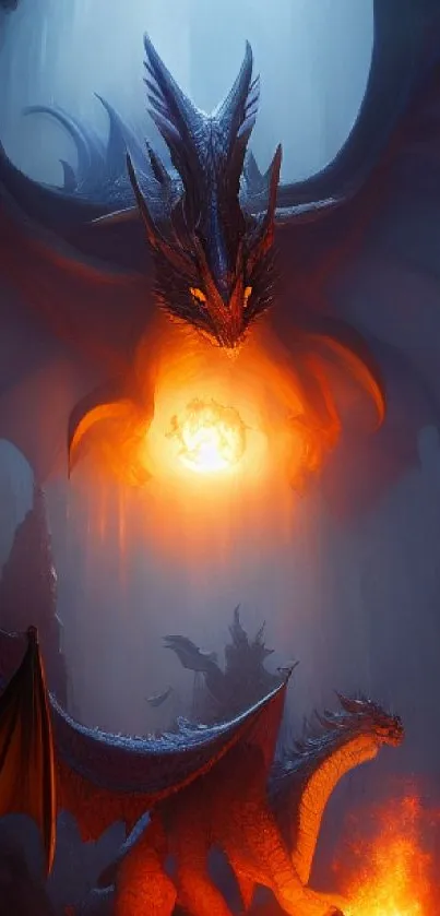 Majestic dragon with fiery glow in a mystical cave setting.