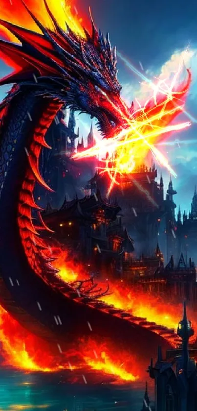 Fiery dragon in a fantasy landscape with vibrant flames and dark castles.