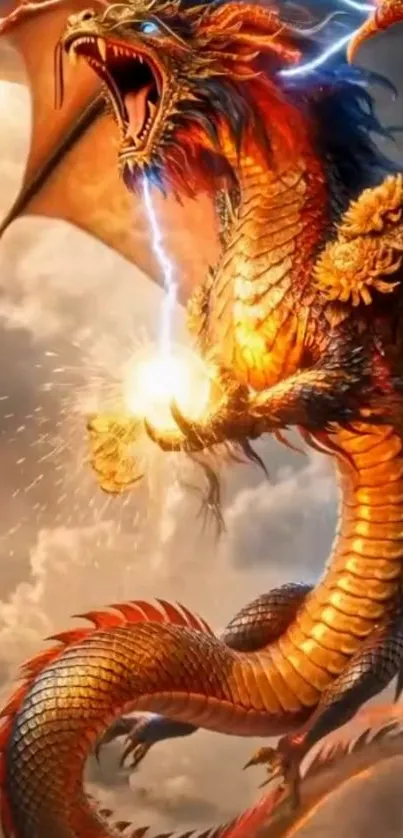 Epic fiery dragon with glowing eyes and wings in a vibrant fantasy setting.