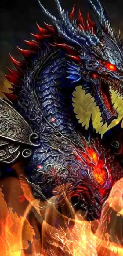 Epic dragon with fiery red eyes and dark scales on phone wallpaper.