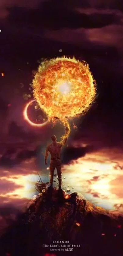 Epic fantasy art with fiery celestial orb and dramatic sky.