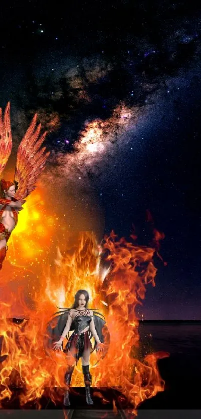 Epic fantasy wallpaper with fiery characters and cosmic background.