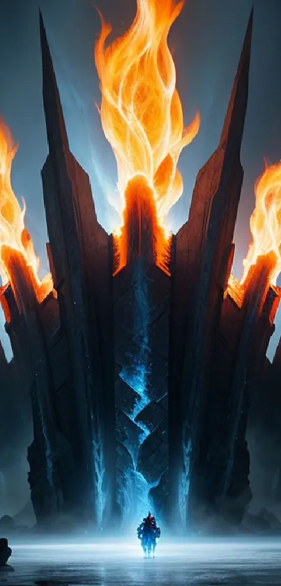 Epic fiery fantasy landscape wallpaper with towering structures and flames.