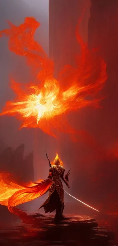 Epic fantasy wallpaper with fiery warrior and blazing background.