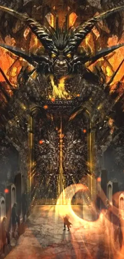 Fiery dragon guarding the Gates of Hell in fantasy wallpaper.