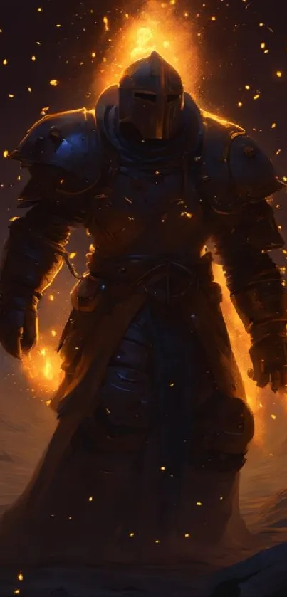 Epic fiery knight in armor amidst embers.