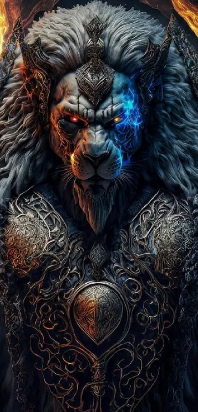 Epic lion with fiery eyes and ornate armor surrounded by flames.