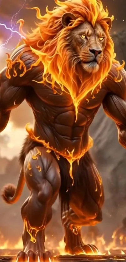 A fiery lion warrior with flames on a fantasy background.