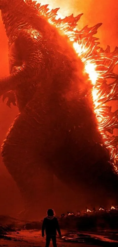 Mobile wallpaper of giant monster under orange glow.