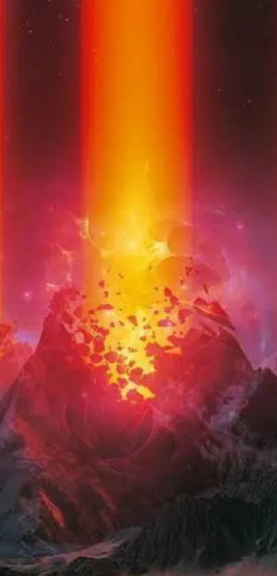 Fiery volcanic eruption with light beams in a dramatic mobile wallpaper design.