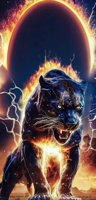 Epic fiery panther with cosmic backdrop, vibrant and dramatic mobile wallpaper.