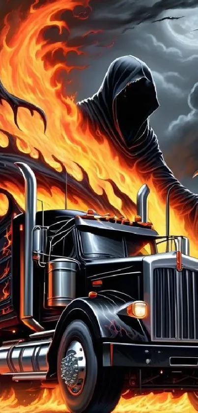 Fiery hooded figure above a truck in flames, dark art mobile wallpaper.