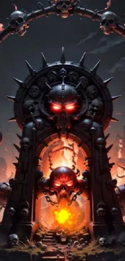 Epic mobile wallpaper with fiery skull gateway and flames.