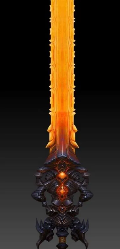 Epic fiery sword with intricate detail on a dark background.