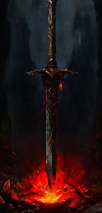 Epic sword surrounded by fiery flames on dark background.