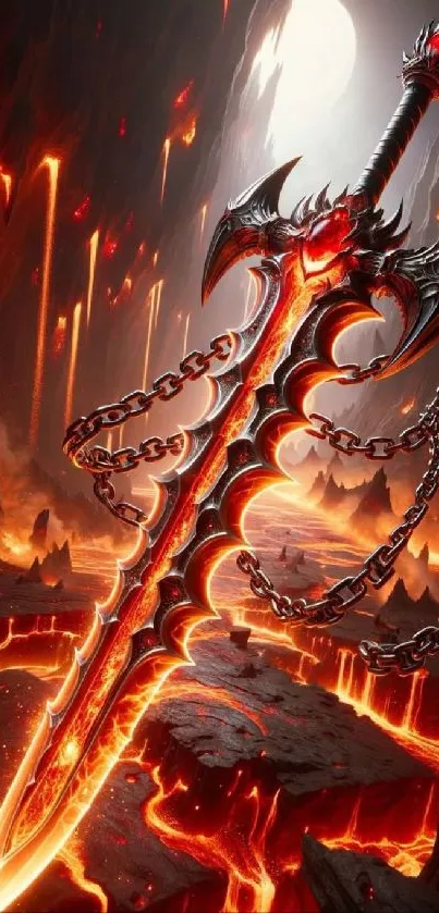 Fiery sword in a lava-filled landscape wallpaper.