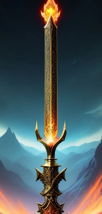 Epic fiery sword with flames, set in dramatic mountain scenery.