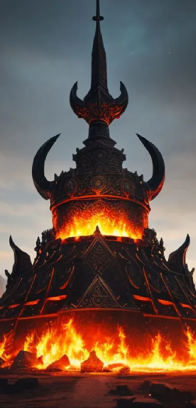 Epic fantasy tower engulfed in fiery flames against a dramatic sky.