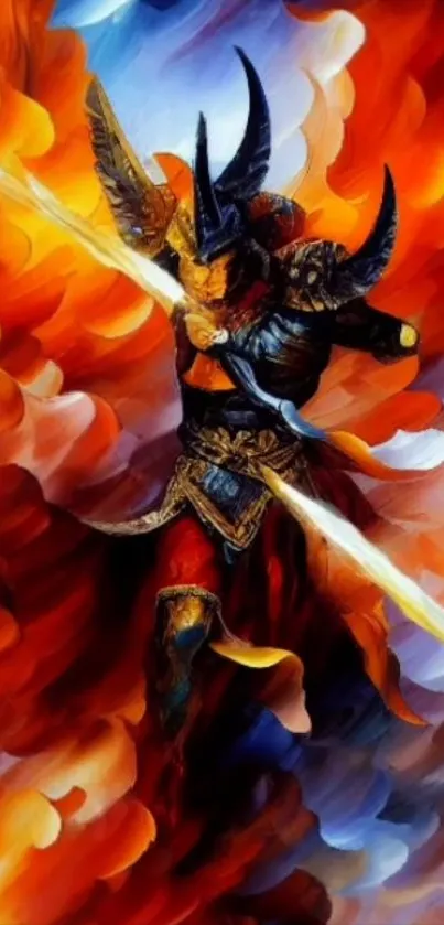 Fiery warrior artwork with dynamic red and orange colors.