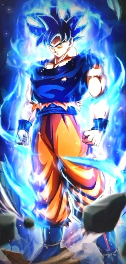 Epic anime warrior surrounded by blue energy glow.