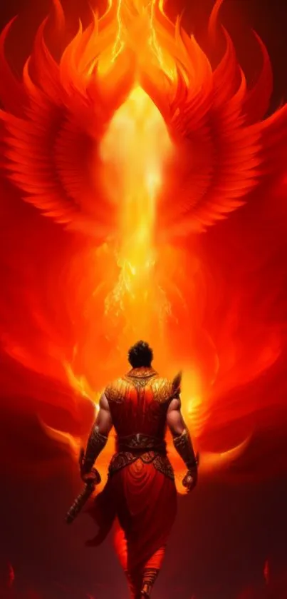 Epic warrior engulfed in fiery wings, vibrant mobile wallpaper.