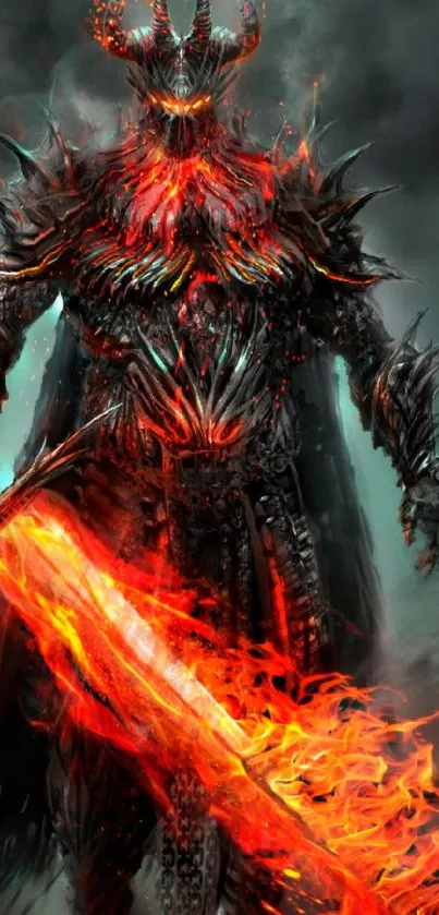 Epic dark warrior with a flaming sword.