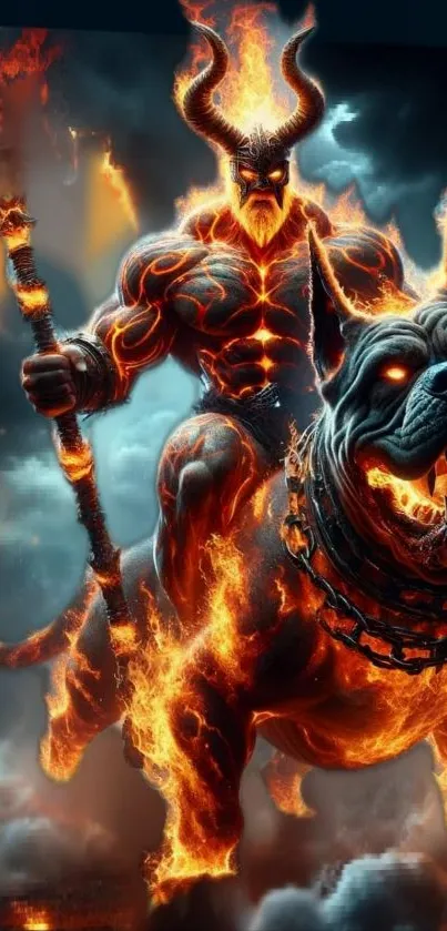 Epic warrior and fiery beast in fantasy wallpaper