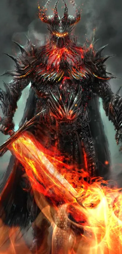 Epic fiery warrior with flaming sword mobile wallpaper.