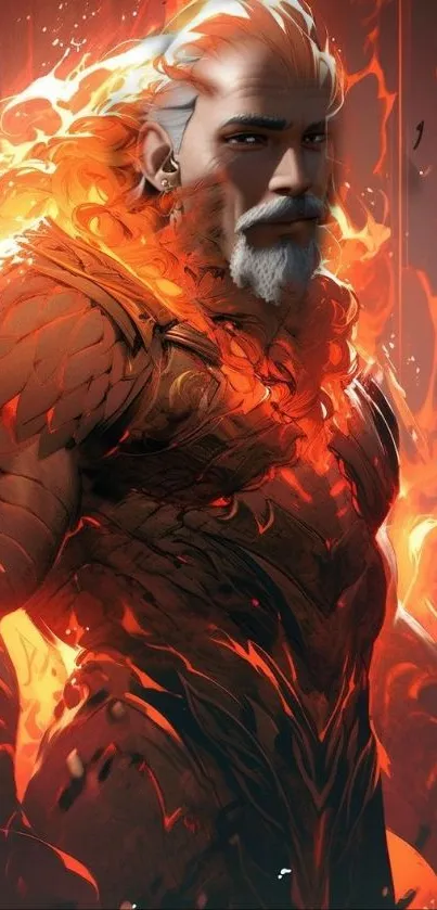 Epic fiery warrior engulfed in orange flames.