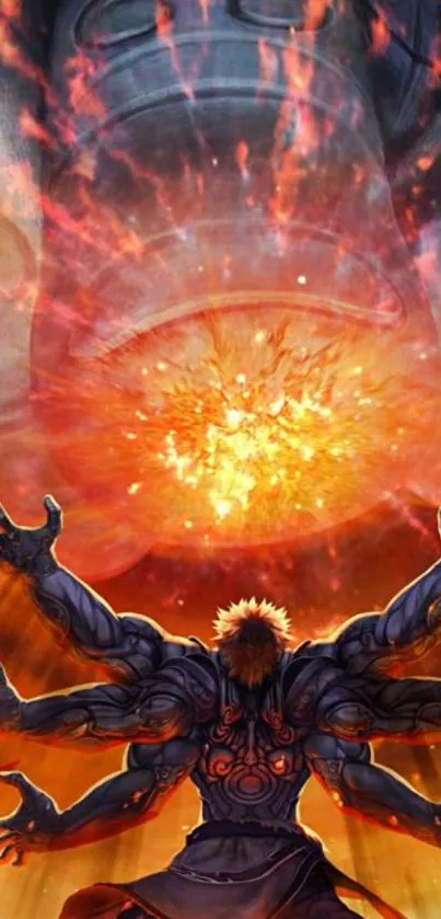 Epic anime warrior in fiery battle with cosmic explosion.