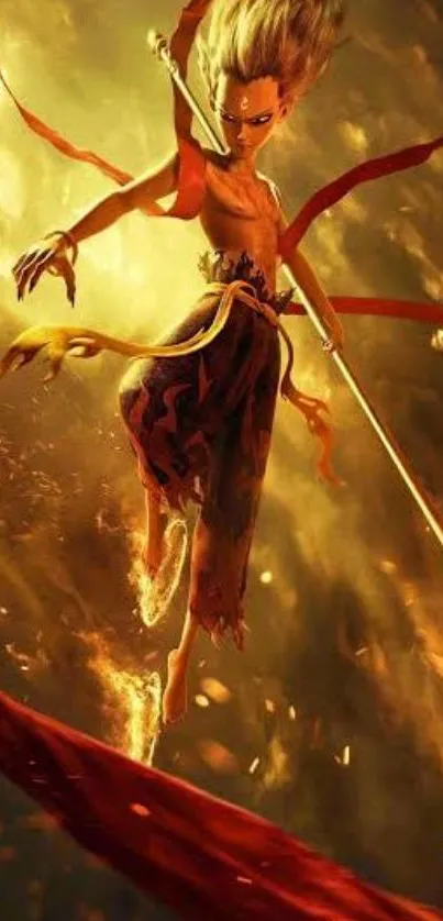 Fiery warrior leaps amidst flames in dynamic mobile wallpaper.