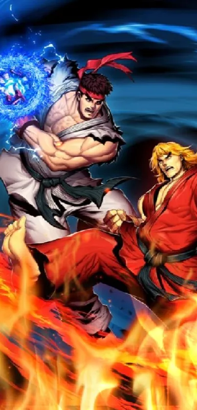 Epic fighter battle wallpaper with fiery and vibrant graphics.