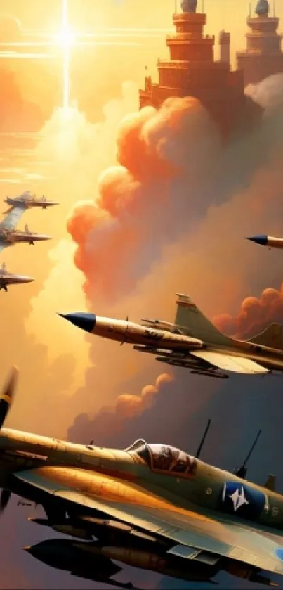 Fighter jets flying in formation against a vibrant sunset sky.