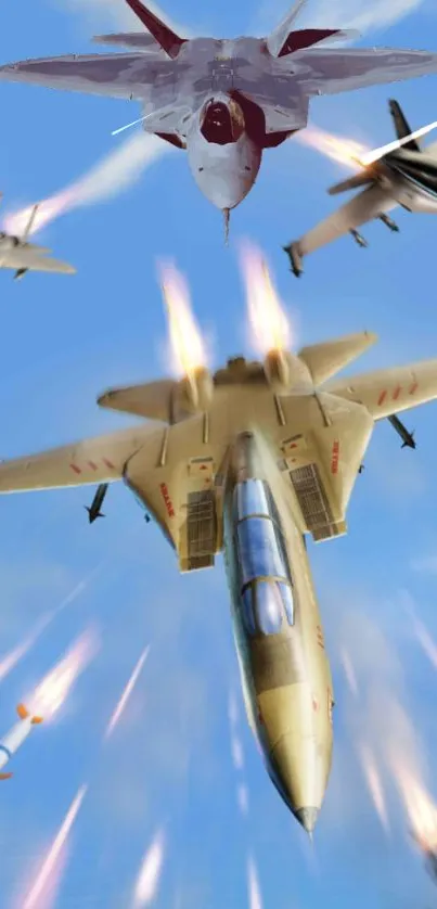 Fighter jets soaring through the sky in an epic battle scene.