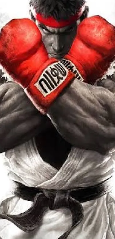 Muscular fighter with red boxing gloves and headband in a dynamic pose.