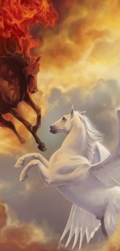 Epic scene of fiery horse and white pegasus in cloudy sky.