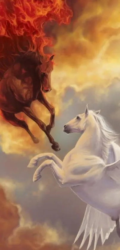 Pegasus and fiery horse clash under dramatic sky.