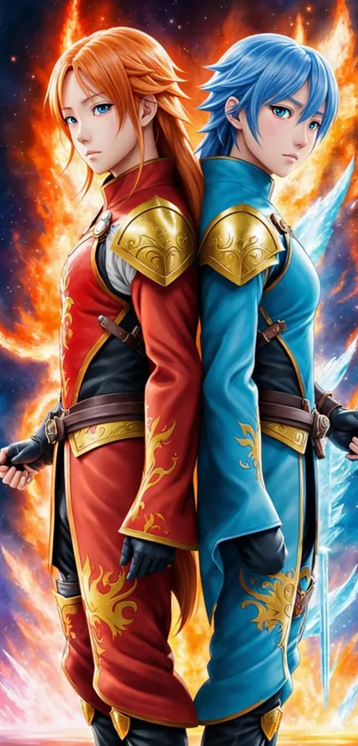 Epic fantasy wallpaper of fire and ice warriors back-to-back.